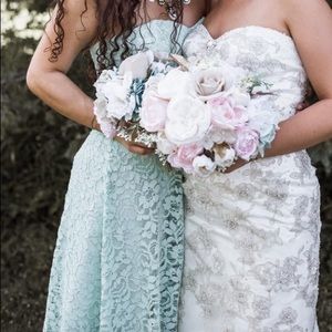 Teal lace bridesmaid dress from David’s Bridal